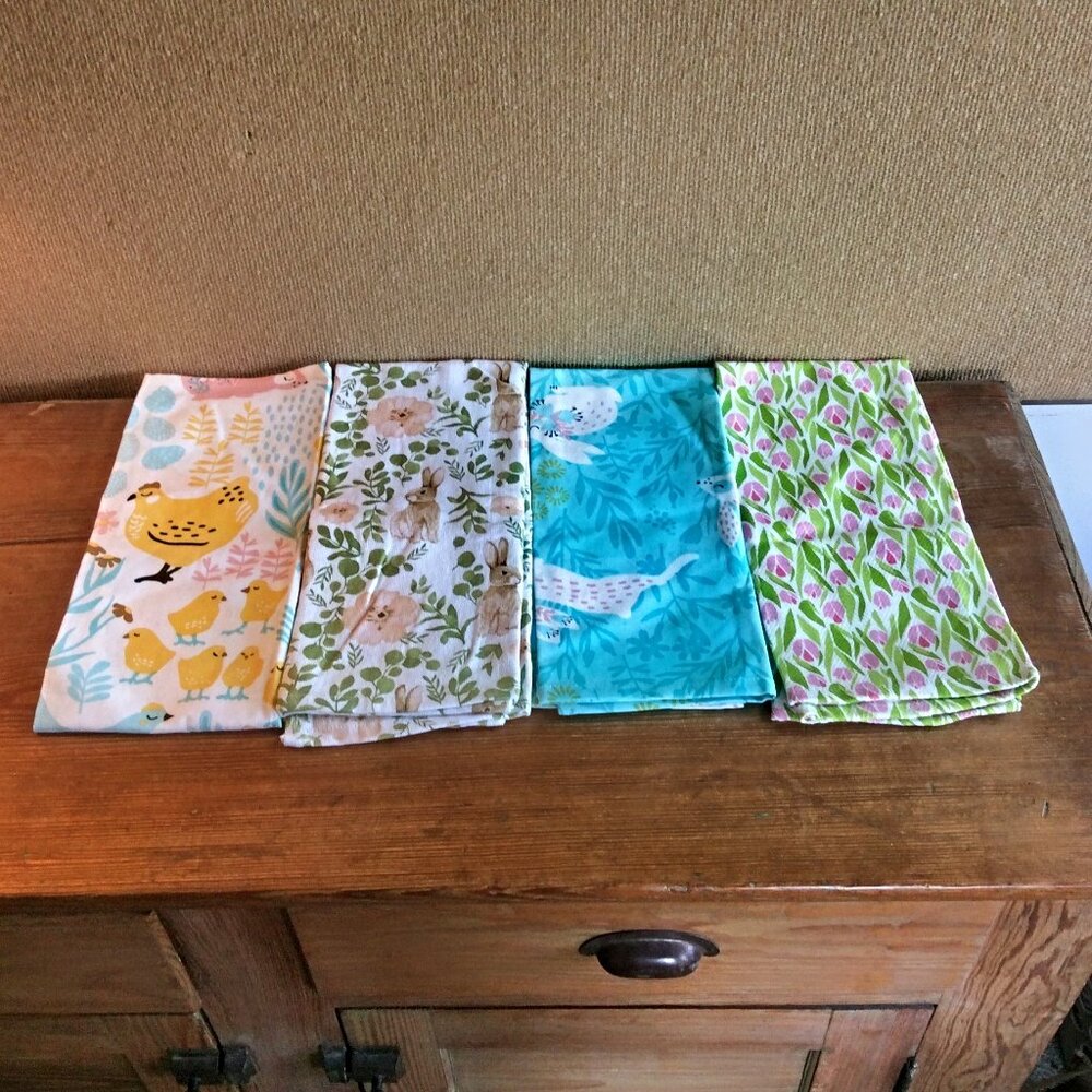 Cotton Kitchen Tea Towels Farmhouse Animal & Floral Prints Chickens Bunnies 4